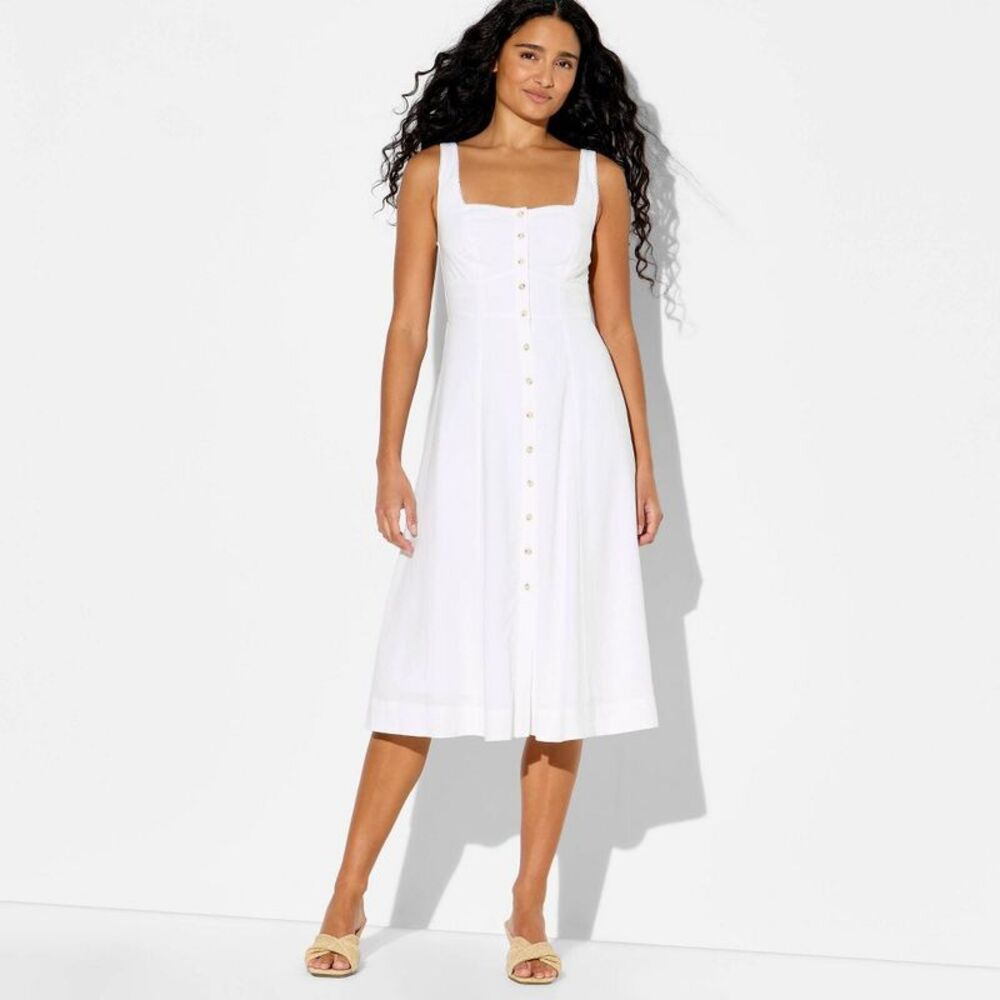 Women's Button-Front Midi A-Line Dress - Wild Fable White L - Picture 1 of 4